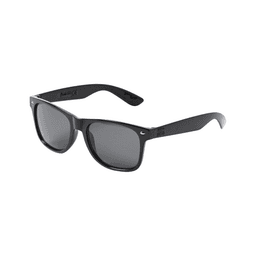 Black sunglasses with dark lenses, featuring a logo on the side. Designed for leisure and outdoor activities.