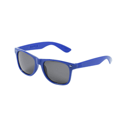 Blue sunglasses with grey lenses displayed from a side angle, featuring a logo on the arm.