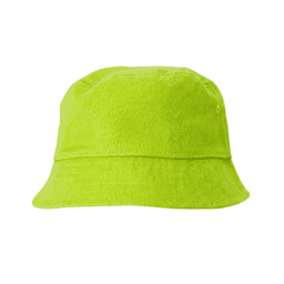 A bright lime green cotton bucket hat with a wide brim and a textured finish. It features a logo.