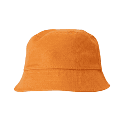 An orange cotton bucket hat with a wide brim, featuring a simple design and no visible logos.