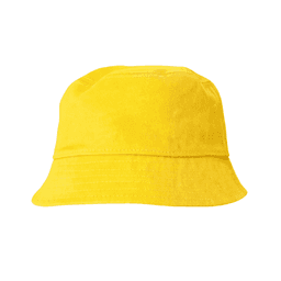 A yellow cotton bucket hat with a wide brim and a stitched band. The hat features a logo.