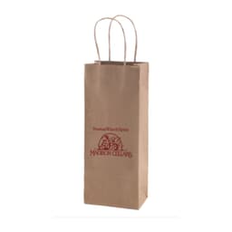 A natural kraft shopping bag with handles, featuring a logo in red, suitable for various items.