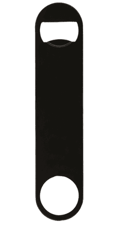 A black powder-coated steel bottle opener featuring a simple paddle style design and a logo.