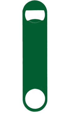 A green paddle-style bottle opener with a circular cut-out and an opening for easy grip. Features a logo.