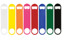 A drink bottle opener in various colours including white, yellow, orange, pink, red, blue, green, and black, with a logo.