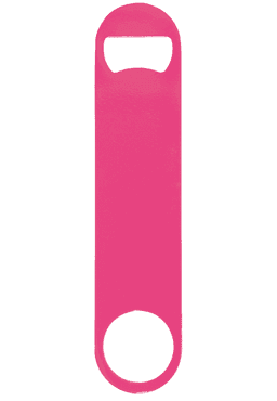 A drink bottle opener in a bright pink powder-coated steel design, featuring a handle and a circular opening.