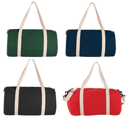 Four duffel bags in green, navy, black, and red, featuring beige straps and a logo on each bag.