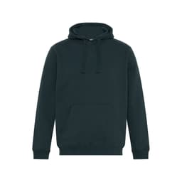 A dark green hoodie featuring a drawstring hood and a front pocket, with a logo on the front.