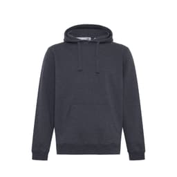 A dark grey hoodie with a front pocket and a drawstring hood. The product features a logo on the tag.