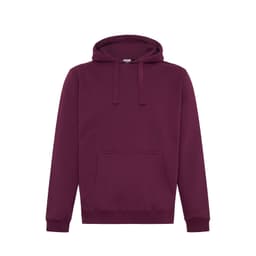 A maroon hoodie featuring a kangaroo pocket and a drawstring hood, with a logo on the front.