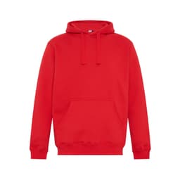 A red hoodie with a front pocket and drawstrings. It features a logo on the front.