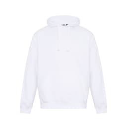 A white hoodie featuring a front pocket and adjustable drawstrings, with a logo on the label.