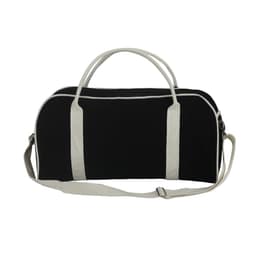 A black duffle bag with white accents and handles, featuring a detachable shoulder strap.