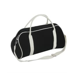 A black and cream two-tone canvas duffle bag with handles and a shoulder strap, featuring a logo.