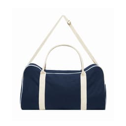 A navy blue canvas duffle bag with cream-coloured handles and strap, featuring a logo.