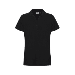 A black women's polo shirt with a collared neckline and short sleeves, featuring a button placket and a logo.