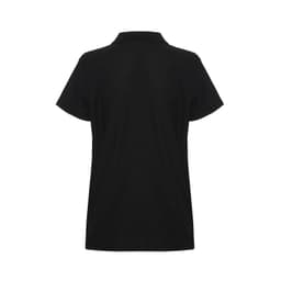 A women's black polo shirt with short sleeves and a classic collar, featuring a logo.