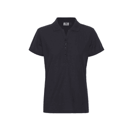 A women's polo shirt in dark navy with a buttoned front and a logo on the chest.