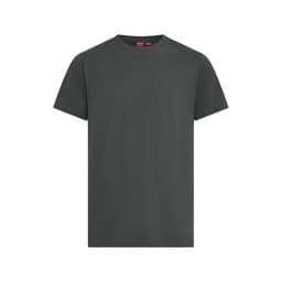 A short-sleeved, dark green cotton T-shirt featuring a branding logo.