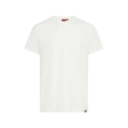 A plain white T-shirt with short sleeves, featuring a small logo at the hem.