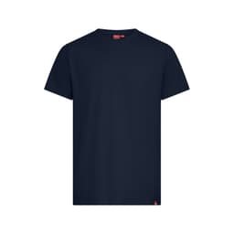 A navy blue T-shirt with a round neck and short sleeves, featuring a branding label.