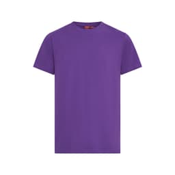 A purple T-Shirt with short sleeves and a round neck, featuring a logo on the inside.