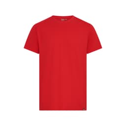 A red T-shirt made of cotton, featuring a crew neck and short sleeves, with a logo on the front.