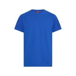 A blue T-shirt featuring a simple design and a tag with branding.