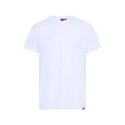 A plain white T-shirt made from cotton, featuring a small logo on the bottom.