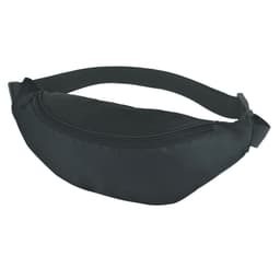 A black bum bag with a zippered compartment and an adjustable strap. It features a branding logo.