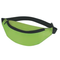 A green bum bag with a zippered compartment and an adjustable strap, featuring a logo.