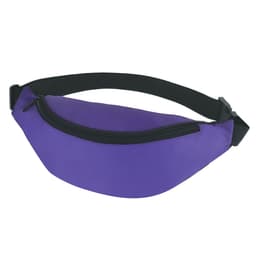 A purple bum bag with a zipper closure and an adjustable black strap. It features a logo on the side.