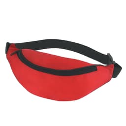 A red bum bag with a black zipper and adjustable strap, featuring a logo on the front.