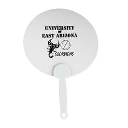 A round white plastic hand fan with a handle and a logo featuring a scorpion. Includes text related to a university.