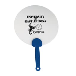 A round plastic hand fan in white with a blue handle, featuring a logo and text related to a university.