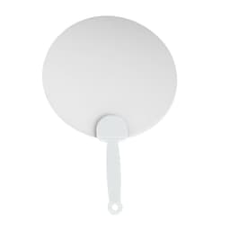 A white plastic hand fan with a textured circular surface and a flat handle. It features a small logo.