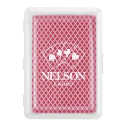 A red playing card deck in a clear case, featuring a logo on the front and a diamond-patterned design.