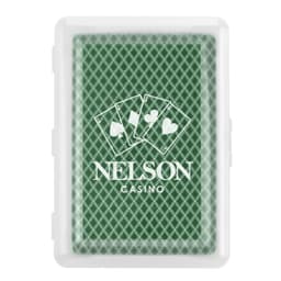 A green playing card deck in a clear case, featuring a logo and card design on the front.