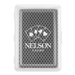 A clear case containing playing cards with a black design featuring three playing cards and a logo.