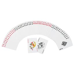 A set of playing cards fanned out, featuring red and black suits, with two illustrated cards prominently displayed.
