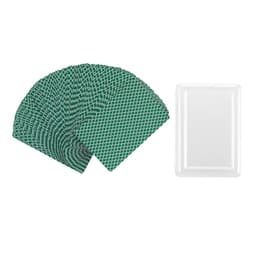 A set of green playing cards fanned out beside a white storage case. The cards feature a textured pattern.