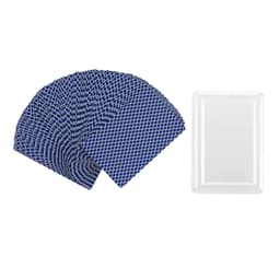 A set of blue playing cards spread out beside a white case. The cards feature a geometric pattern.