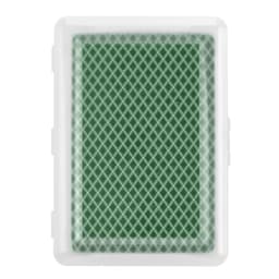 A green deck of playing cards housed in a clear plastic case with a textured pattern.