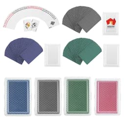 A set of playing cards in a case, featuring two colour options: red, green, and blue, along with a transparent storage case.