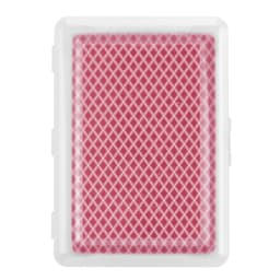 A set of red playing cards in a clear plastic case, featuring a diamond pattern.