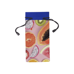 A vibrant pouch featuring a fruity design with orange, kiwi, papaya, and dragon fruit, complemented by a blue drawstring.