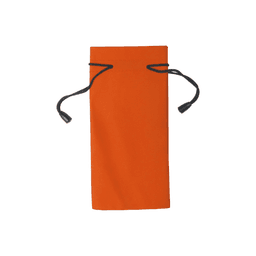 An orange toiletry pouch with a drawstring closure and black cords. It features a logo on one side.