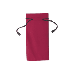 A red pouch with a drawstring closure, featuring a sleek design and a branding logo.