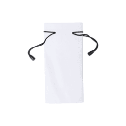 A white pouch with a drawstring closure, featuring black accents. It includes a logo.