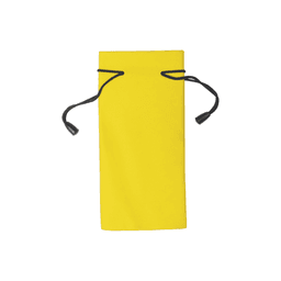 A yellow toiletry pouch featuring a drawstring closure and black cords. It has a simple, sleek design.